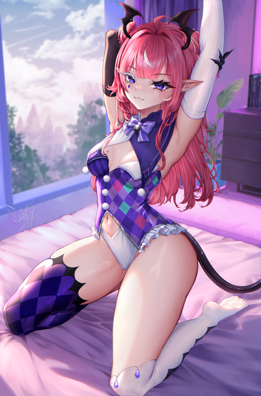 1girl, absurdres, armpits, asymmetrical_gloves, asymmetrical_legwear, bell, black_gloves, black_tail, black_wings, bow, bowtie, breasts, cameltoe, camila_(vtuber), checkered_leotard, closed_mouth, clothing_cutout, cloud, colored_eyelashes, commission, demon_girl, diamond_(shape), diamond_facial_mark, earrings, elbow_gloves, eyelashes, facial_mark, fang, gem, gloves, head_wings, heart, heart_facial_mark, highres, indie_virtual_youtuber, jewelry, kneeling, leotard, long_hair, mismatched_gloves, multicolored_hair, multicolored_leotard, navel_cutout, neck_bell, pink_hair, plant, pointy_ears, pom_pom_(clothes), potted_plant, purple_bow, purple_bowtie, purple_eyes, purple_gem, purple_leotard, purple_thighhighs, sainty, skin_fang, sky, solo, sparkle, streaked_hair, stretching, thighhighs, thighs, virtual_youtuber, white_gloves, white_hair, white_thighhighs, window, wings