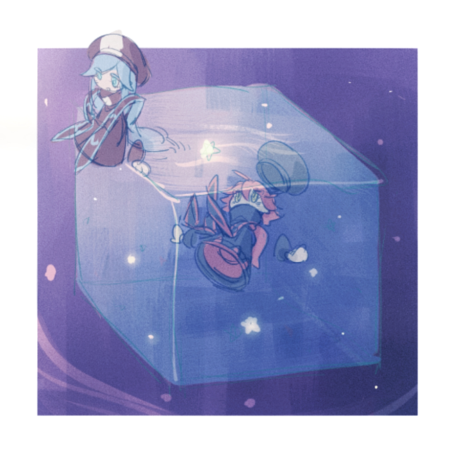 2girls, black_hat, black_robe, black_wrist_cuffs, blue_eyes, blue_hair, border, chinese_commentary