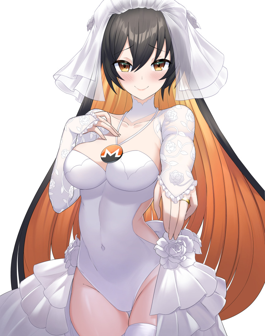1girl, absurdres, blush, breasts, bridal_veil, brown_eyes, brown_hair, cleavage, closed_mouth, colored_inner_hair, covered_navel, cowboy_shot, dress, hair_between_eyes, highres, jewelry, large_breasts, looking_at_viewer, monero, monero-chan, multicolored_hair, necklace, orange_hair, ring, second-party_source, senbon_tsuki, sidelocks, smile, solo, standing, tachi-e, thighhighs, transparent_background, veil, wedding_dress, wedding_ring, white_thighhighs