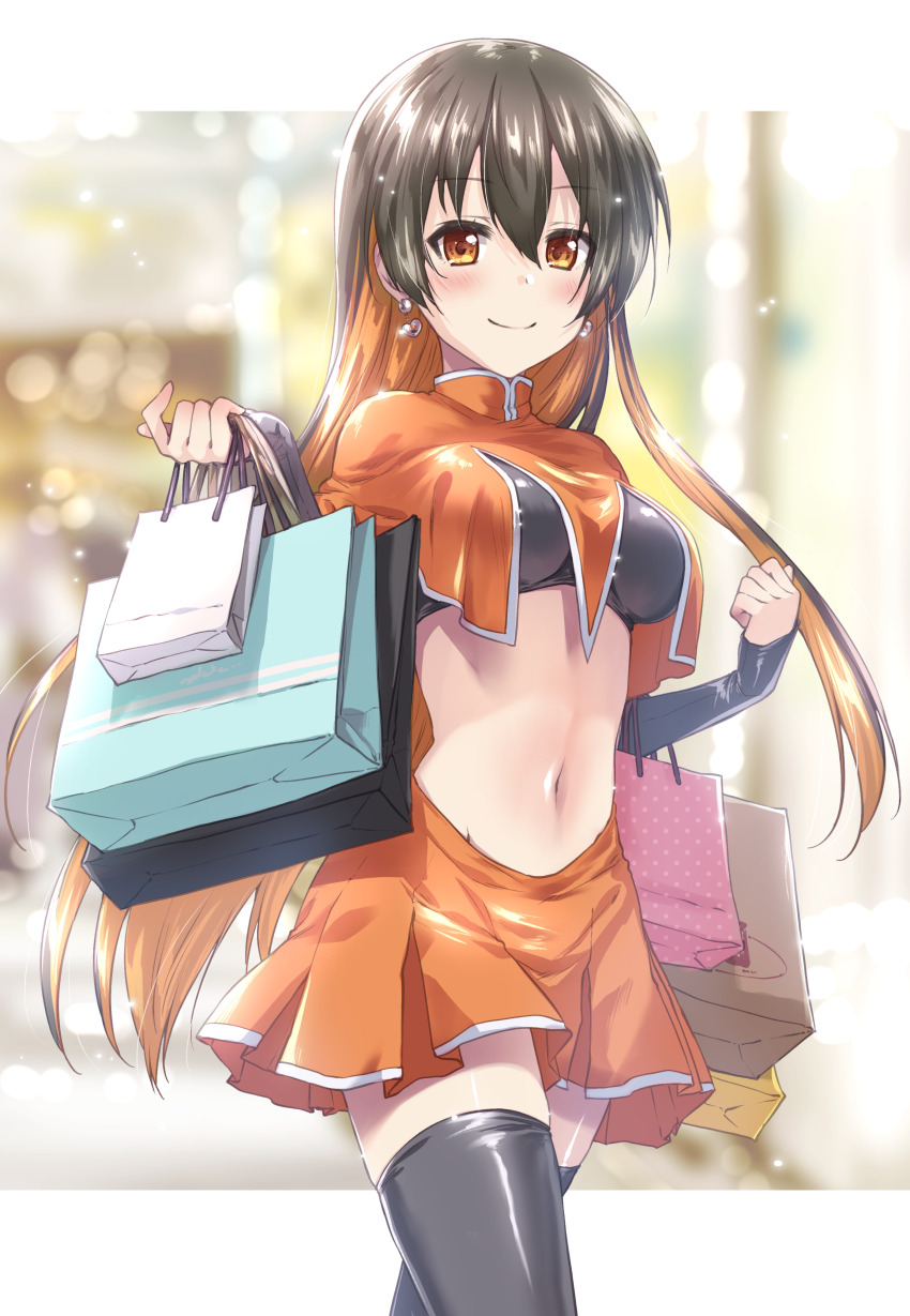1girl, absurdres, bag, black_hair, black_thighhighs, blurry, blurry_background, breasts, capelet, closed_mouth, commission, cowboy_shot, earrings, elbow_carry, highres, holding, holding_bag, jewelry, kuroi_mimei, long_hair, medium_breasts, midriff, monero, monero-chan, multicolored_hair, navel, orange_capelet, orange_eyes, orange_hair, orange_skirt, second-party_source, skirt, smile, solo, thighhighs, two-tone_hair, very_long_hair