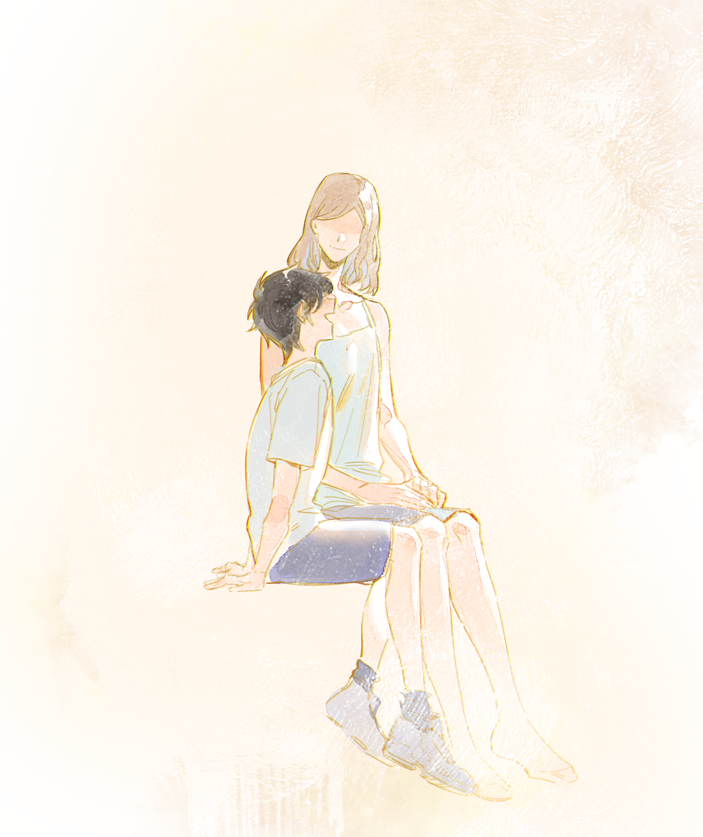 1boy, 1girl, bare_arms, bare_legs, bare_shoulders, barefoot, black_hair, blue_shorts