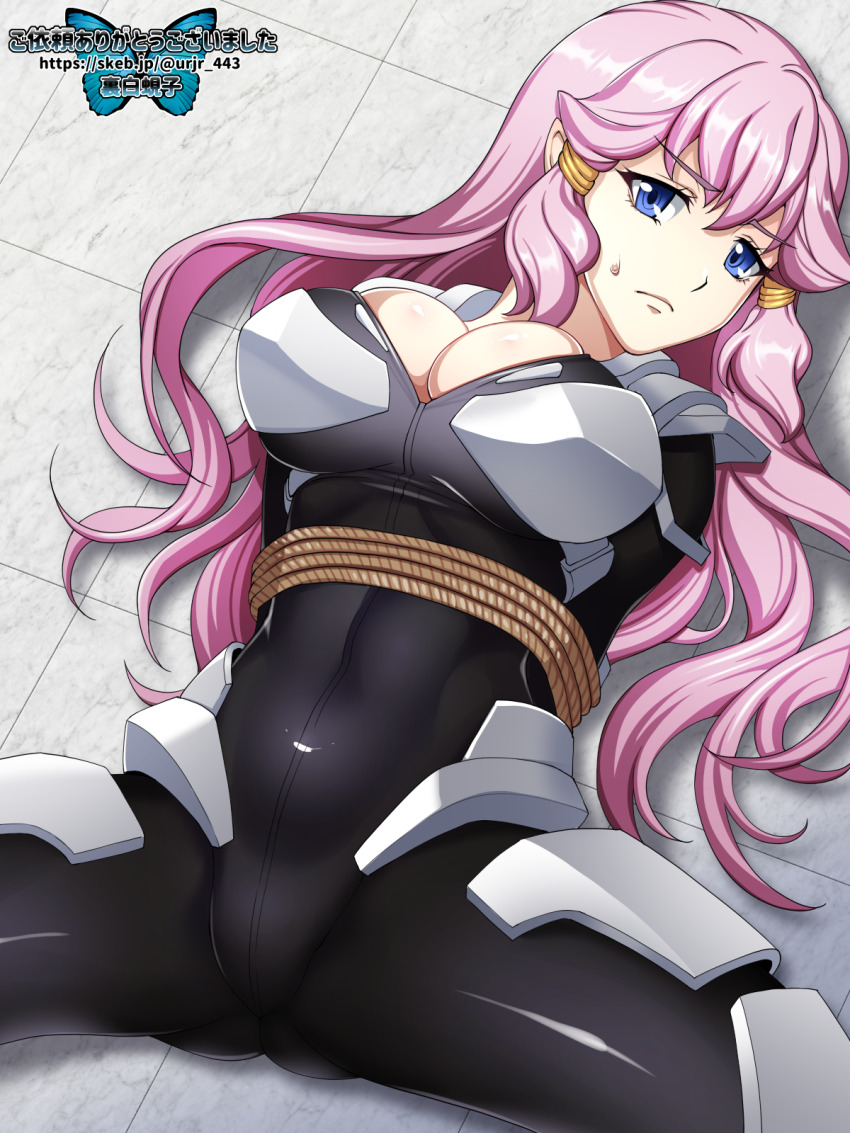 1girl, arms_behind_back, bdsm, black_bodysuit, blue_eyes, bodysuit, bondage, bound, breasts, cleavage, closed_mouth, highres, kakumeiki_valvrave, kakumeiki_valvrave:_undertaker, large_breasts, long_hair, looking_at_viewer, lying, mecha_pilot_suit, nervous, on_back, outa_nao, pink_hair, plugsuit_(evangelion), rope, skin_tight, solo, spread_legs, urajiro443