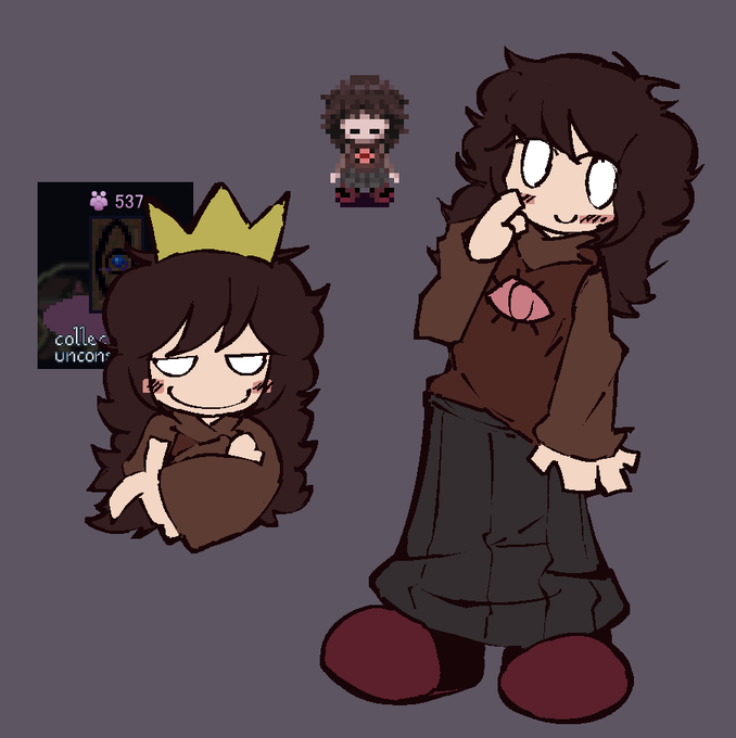 1girl, black_skirt, brown_hair, brown_sweater, collective_unconscious, crown, grey_background, long_hair