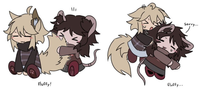 2girls, animal_ears, blonde_hair, brown_hair, brown_sweater, collective_unconscious, cyan_(cyanthropies), english_text, highres, minnatsuki, multiple_girls, simple_background, sitting, skirt, sweater, tail, urotsuki, white_background, yume_2kki