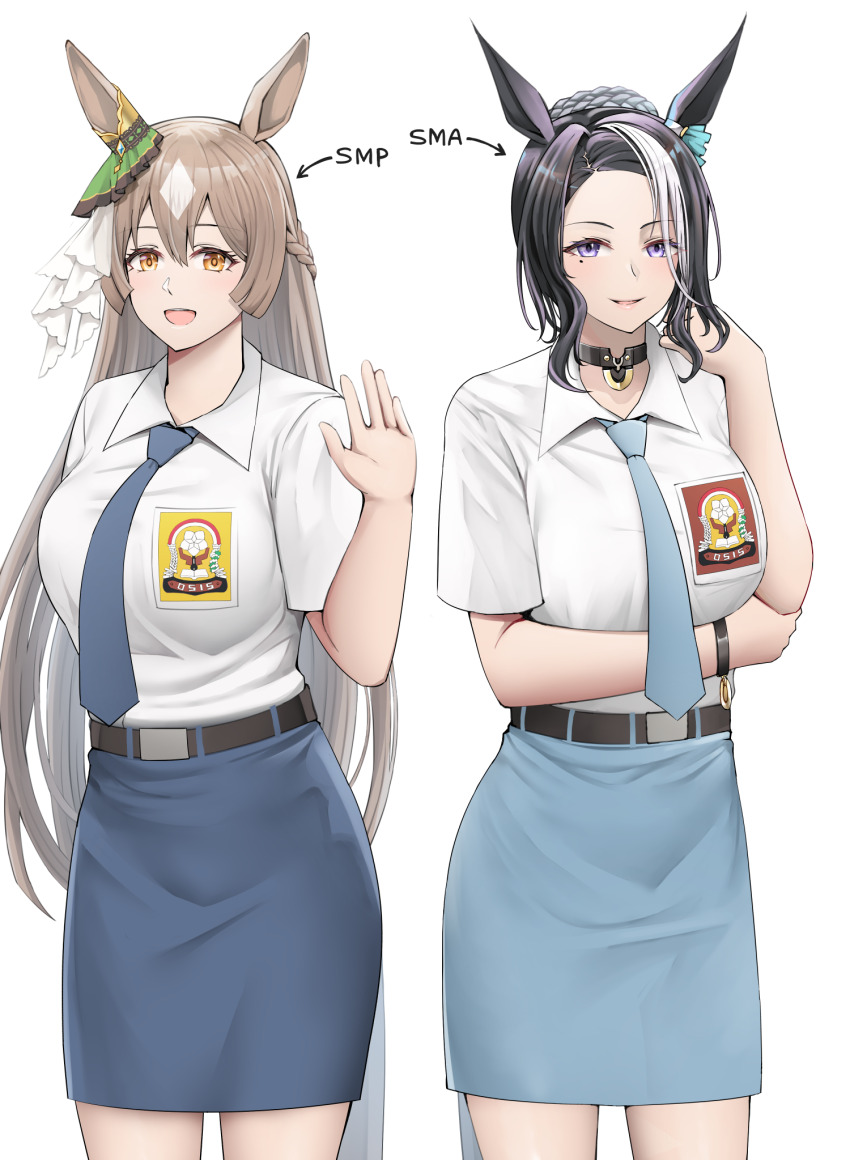 2girls, animal_ears, arki_arasy, arm_under_breasts, belt, black_belt, black_choker, black_hair