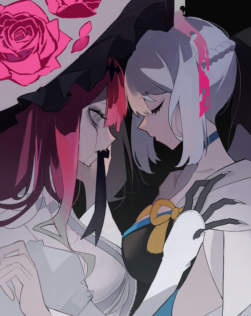 2girls, absurdres, baobhan_sith_(fate), baobhan_sith_(third_ascension)_(fate), black_background, black_dress, black_ribbon, braid