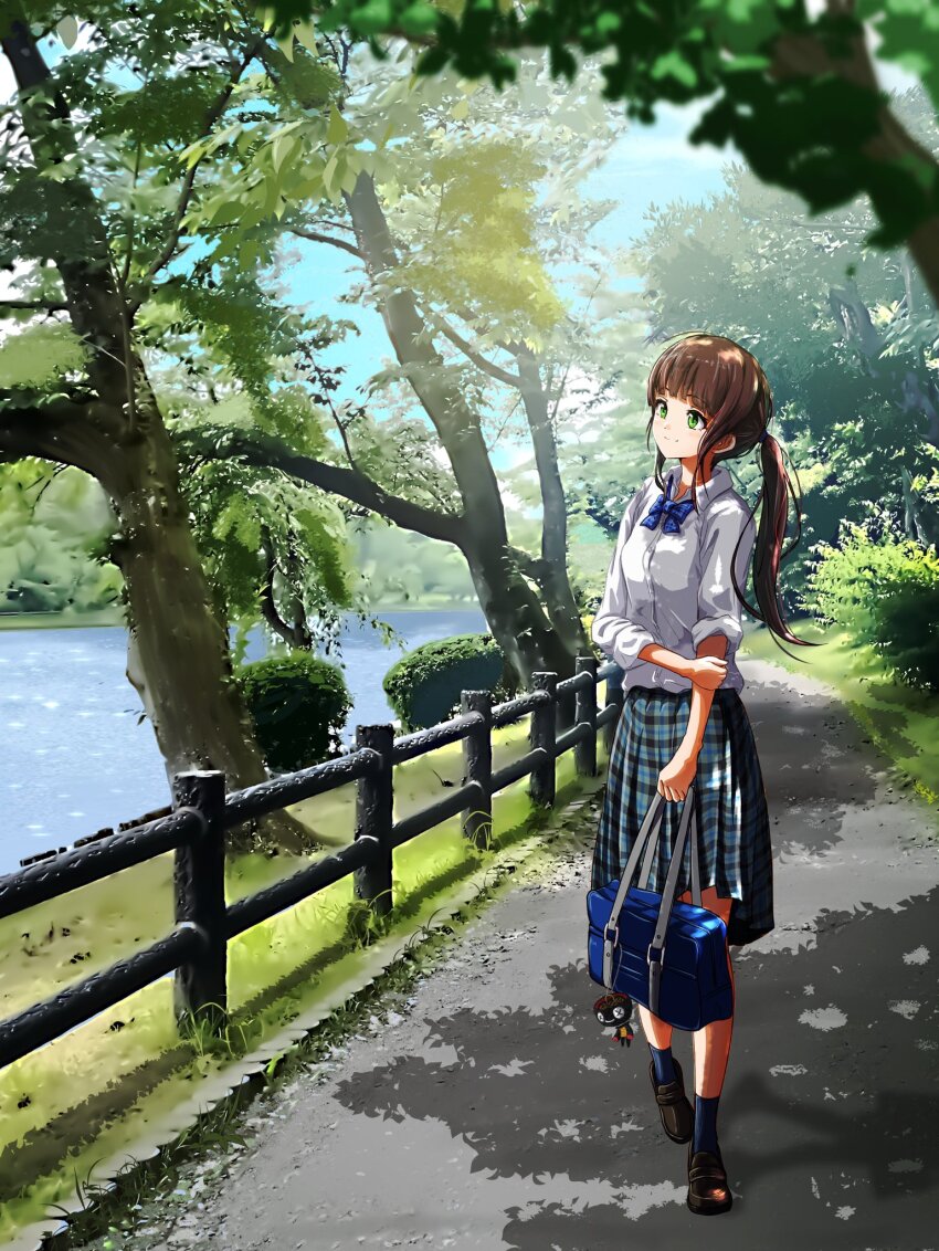 1girl, bag, bag_charm, black_skirt, blue_bag, blue_bow, blue_bowtie, blue_skirt