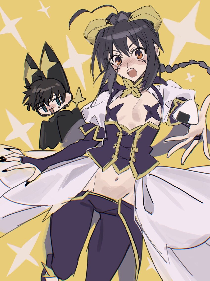 1boy, 1other, ahoge, ameman, androgynous, bat_costume, black_hair, black_nails