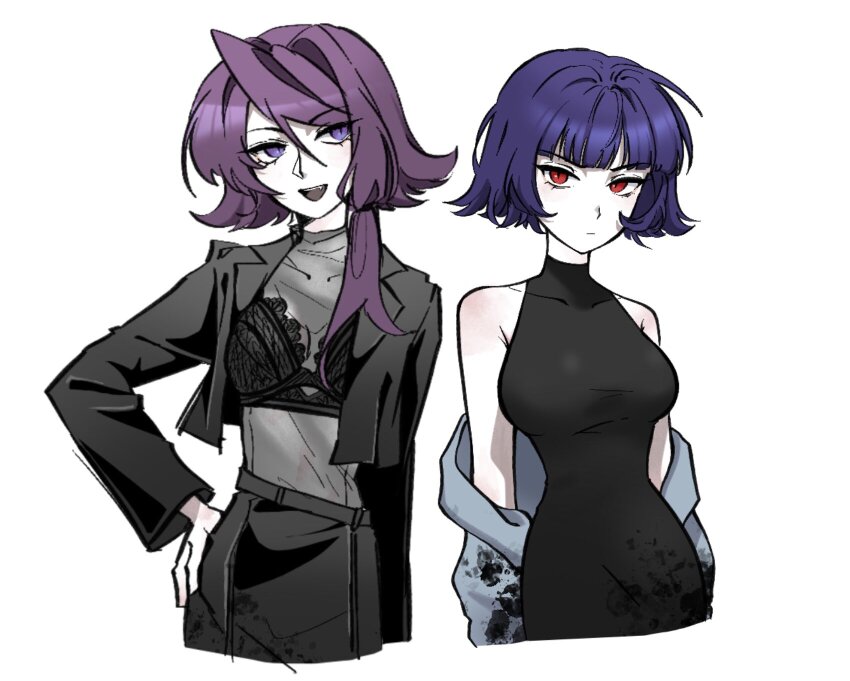 2girls, aida_(aidacamelia0516), armpit_crease, bare_shoulders, black_bra, black_dress, black_jacket, black_shirt