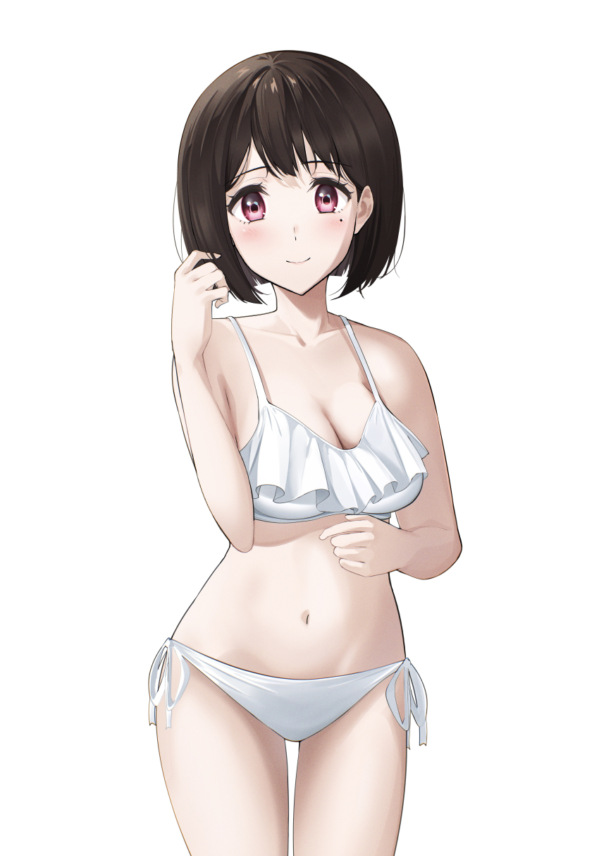 1girl, absurdres, akane_(tgixb), bikini, breasts, brown_hair, cleavage, closed_mouth, collarbone, cowboy_shot, hand_up, hibike!_euphonium, highres, medium_breasts, mole, mole_under_eye, nakaseko_kaori, navel, red_eyes, short_hair, side-tie_bikini_bottom, simple_background, smile, solo, stomach, swimsuit, white_background, white_bikini