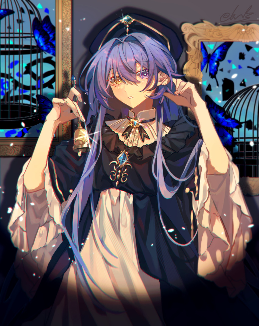 1girl, absurdres, arkria_hroptr, bell, honkai_gakuen, birdcage, black_hat, blue_butterfly