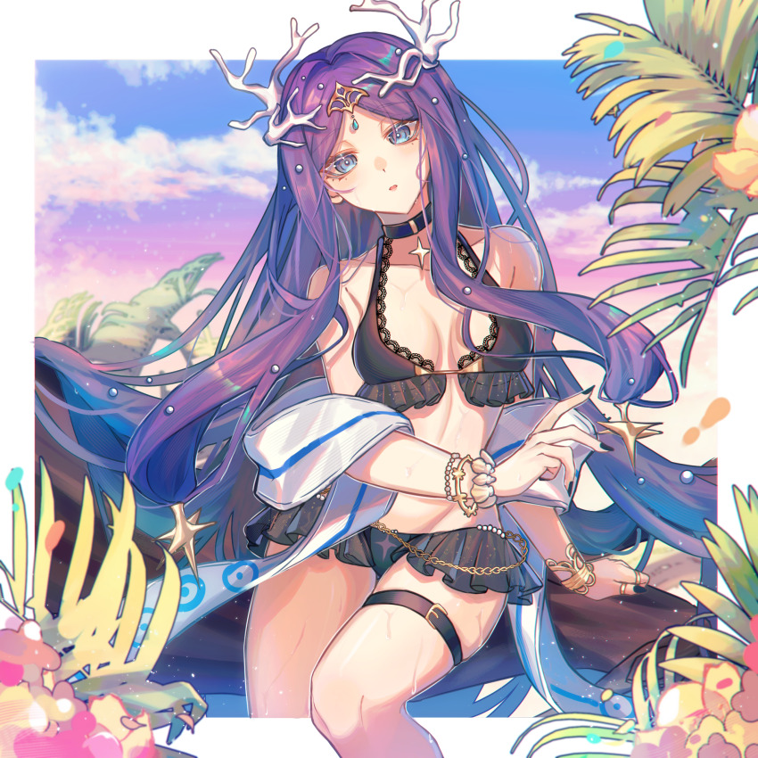 1girl, alternate_costume, bare_shoulders, belt, bikini, black_belt, black_bikini, black_choker