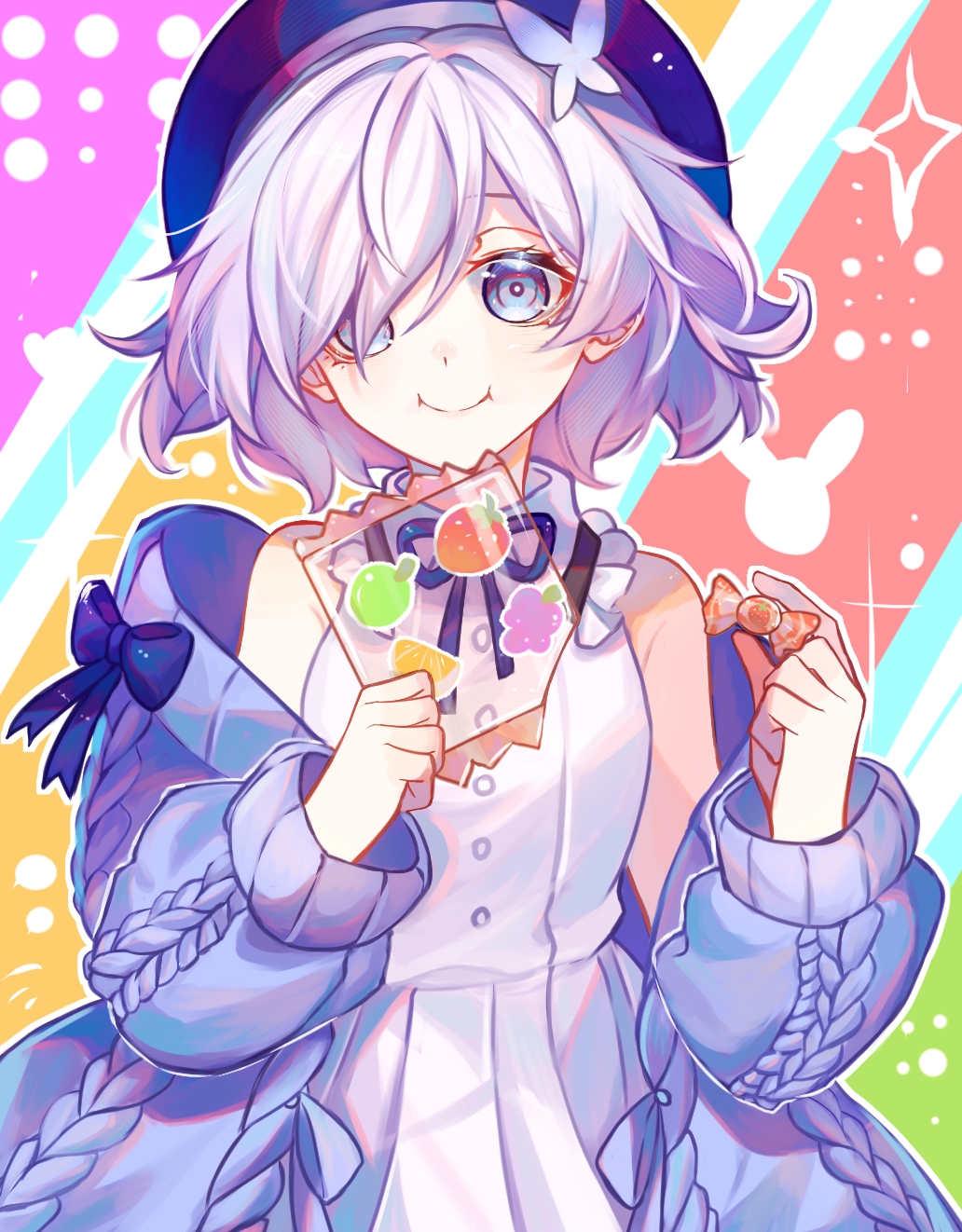 1girl, bare_shoulders, blue_bow, blue_bowtie, blue_eyes, bow, bowtie, breasts