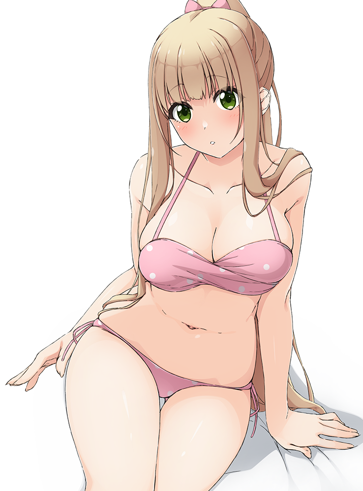 1girl, bikini, blunt_bangs, bow, breasts, cleavage, collarbone, commentary_request