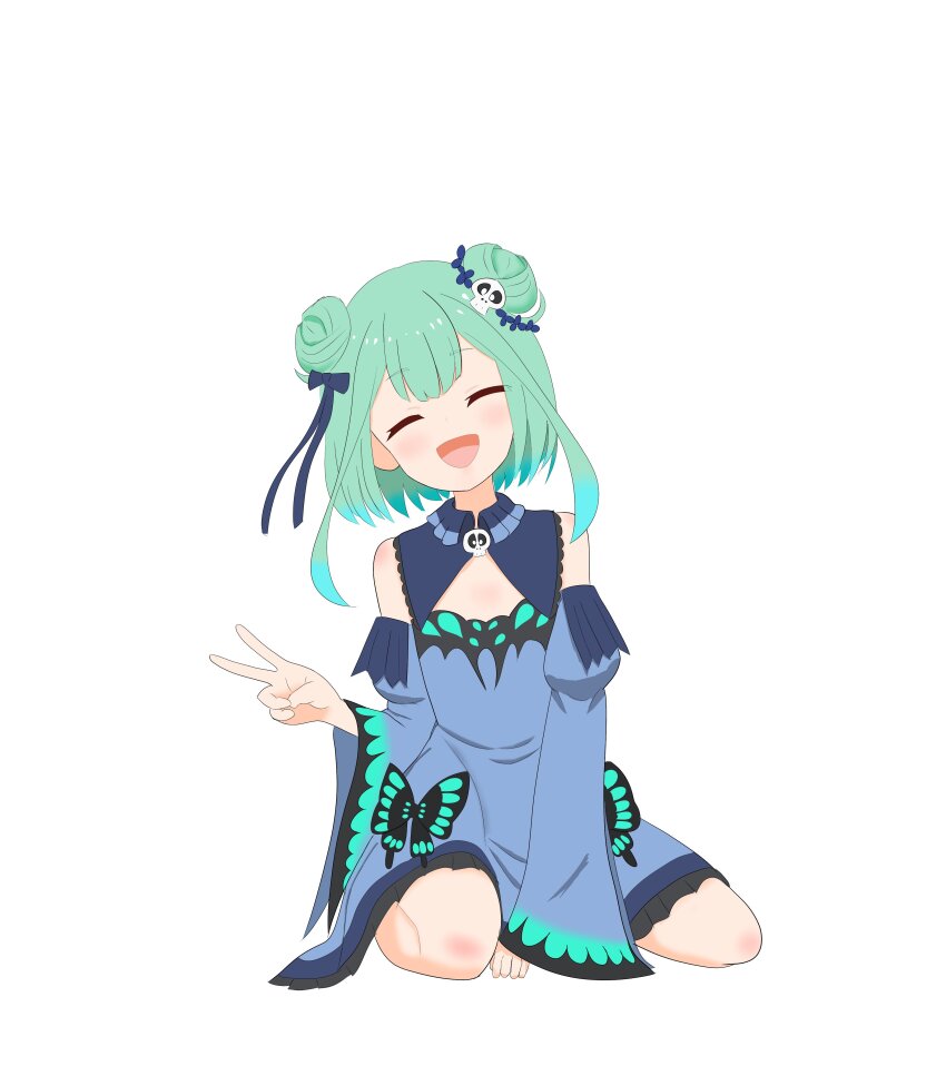 absurdres, animal_print, blue_dress, bow, butterfly_print, detached_collar, detached_sleeves, dress, green_hair, hair_bow, hair_ornament, highres, hololive, kuronagirai, skull_hair_ornament, smile, uruha_rushia, uruha_rushia_(1st_costume), v, virtual_youtuber