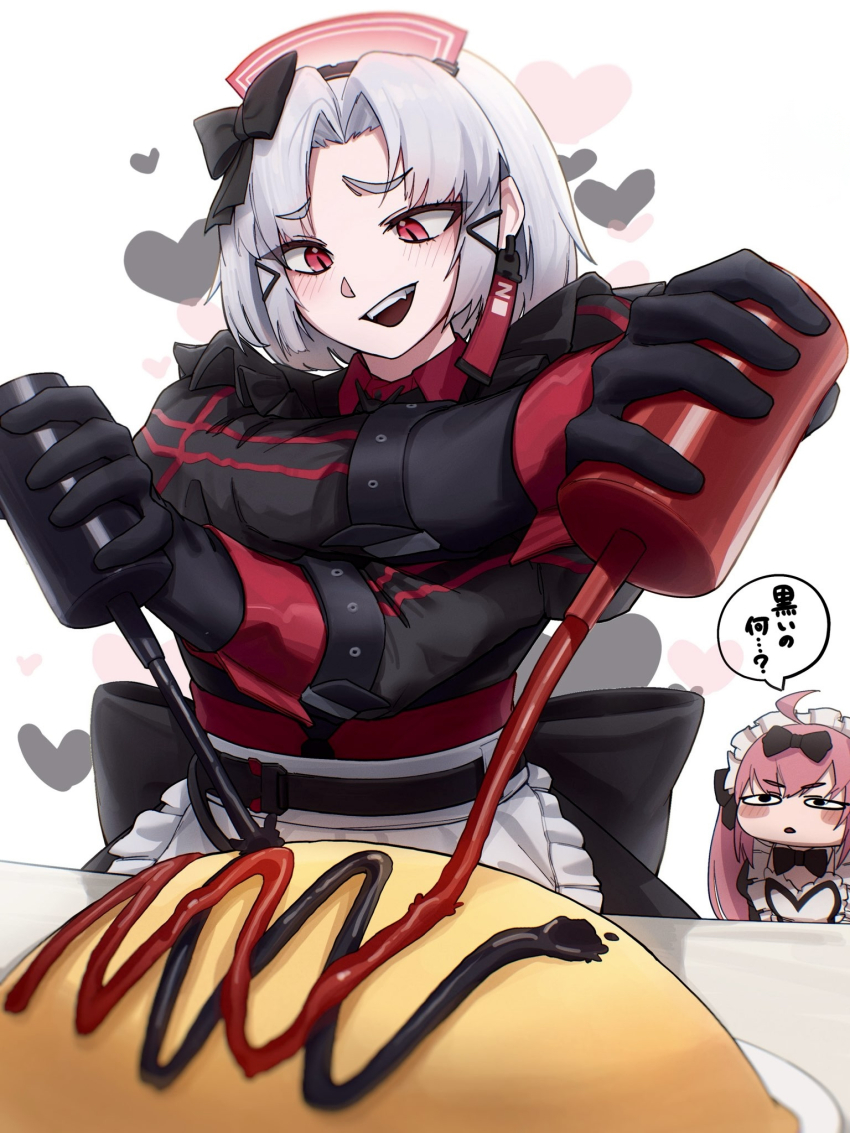 2girls, :d, ahoge, apron, black_gloves, blush, blush_stickers, bow