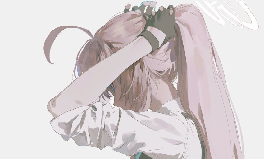 1girl, adjusting_hair, ahoge, black_gloves, blue_archive, blue_eyes, fingerless_gloves, gloves