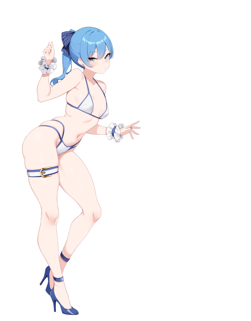 1girl, absurdres, arm_up, armpit_crease, bare_shoulders, bikini, blue_eyes, blue_footwear