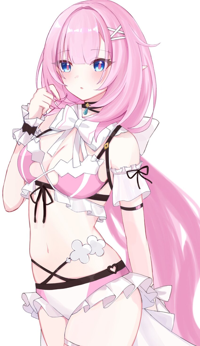 1girl, bikini, blue_eyes, blush, bow, bowtie, elf, elysia_(honkai_impact)