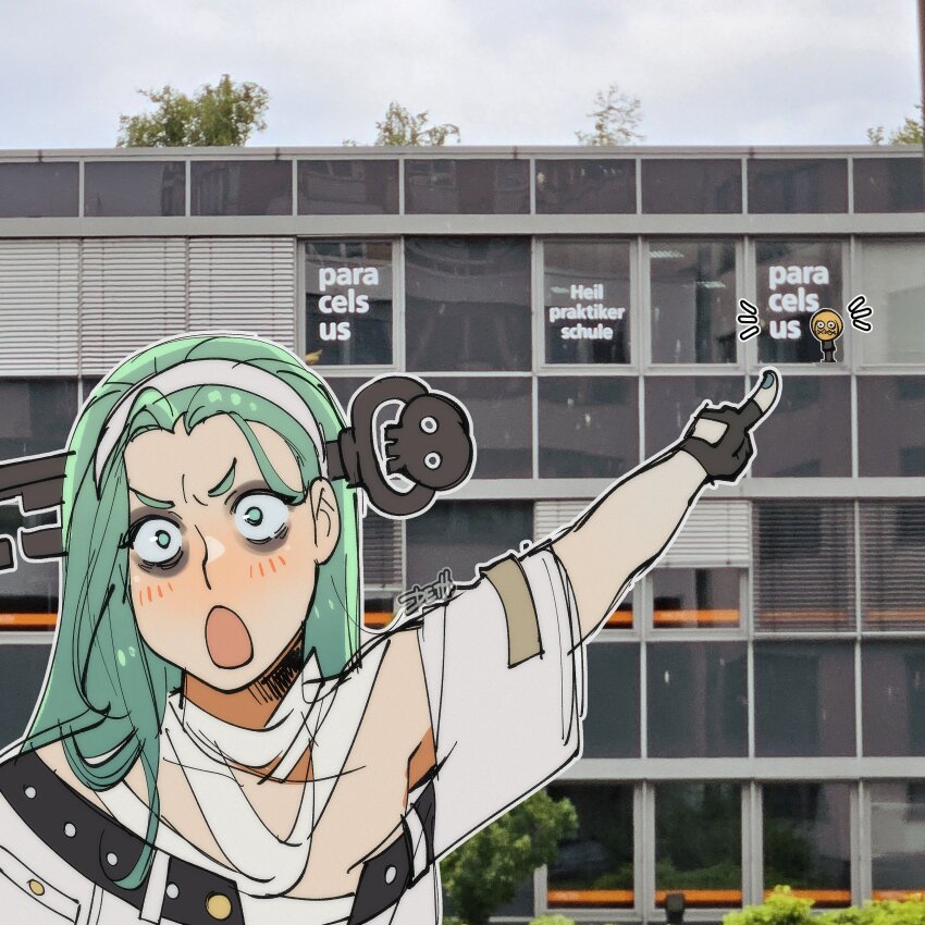 1girl, a.b.a, absurdres, bags_under_eyes, bandaged_chest, bandaged_neck, bandages, blush, fingerless_gloves, gloves, green_eyes, green_hair, guilty_gear, guilty_gear_strive, headband, highres, johan_(deathamaranth), key, key_in_head, object_through_head, open_mouth, paracelsus_(guilty_gear), stitched_mouth, stitches, white_headband