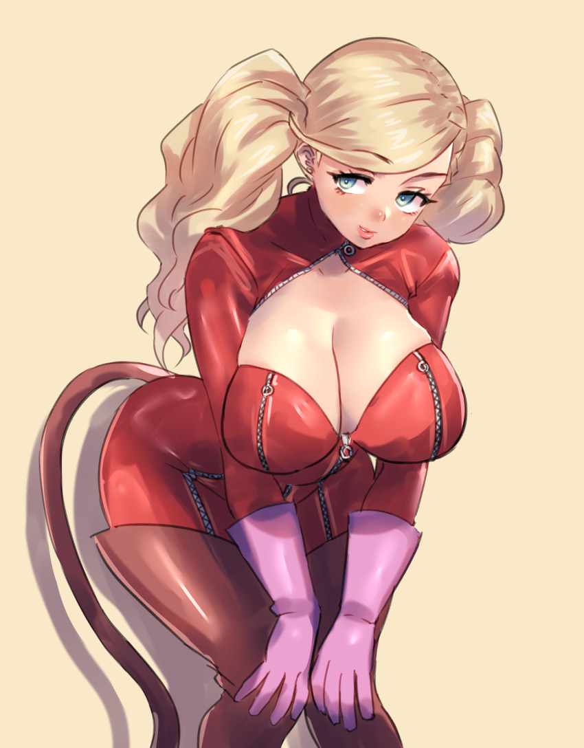 1girl, blue_eyes, bodysuit, breasts, cat_tail, cleavage, gloves, hands_on_own_knees