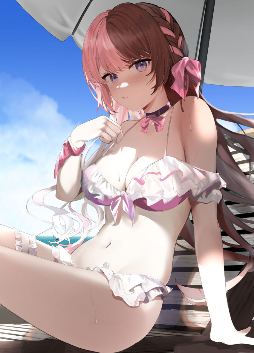 1girl, beach_chair, beach_umbrella, bikini, black_choker, blue_eyes, blush, bow