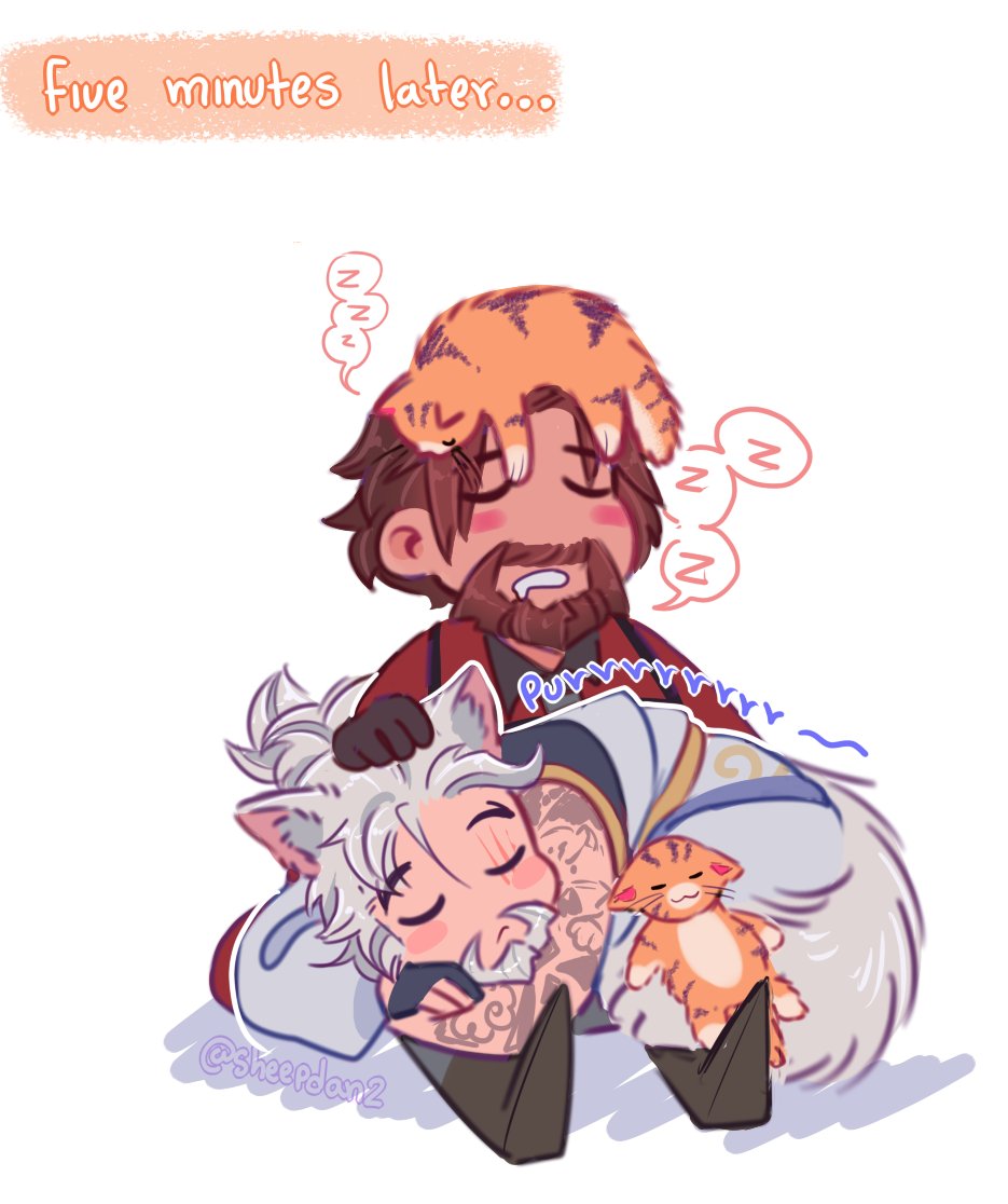 2boys, affectionate, animal, animal_ears, animal_on_head, bara, beard, blush_stickers, cassidy_(overwatch), cat, cat_boy, cat_ears, cat_on_head, cat_tail, couple, danny_(sheepdan2), deformed, facial_hair, full_beard, full_body, hand_on_another's_head, hanzo_(overwatch), lap_pillow, male_focus, multiple_boys, on_head, overwatch, overwatch_2, sleeping, sleeping_on_person, tail, thick_beard, thick_eyebrows, yaoi, zzz