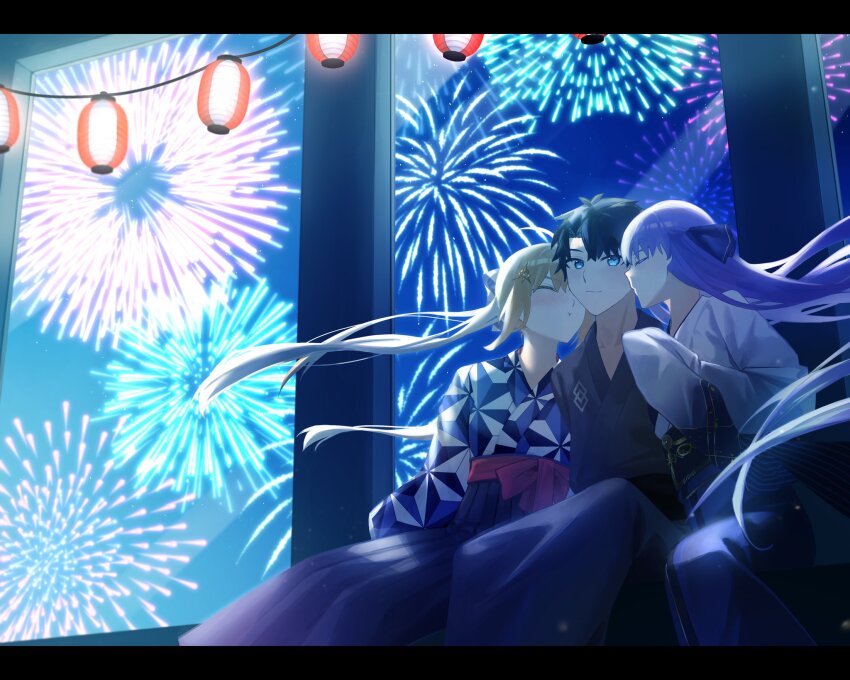 1boy, 2girls, aerial_fireworks, artoria_caster_(fate), artoria_pendragon_(fate), black_hair, blonde_hair, blue_eyes