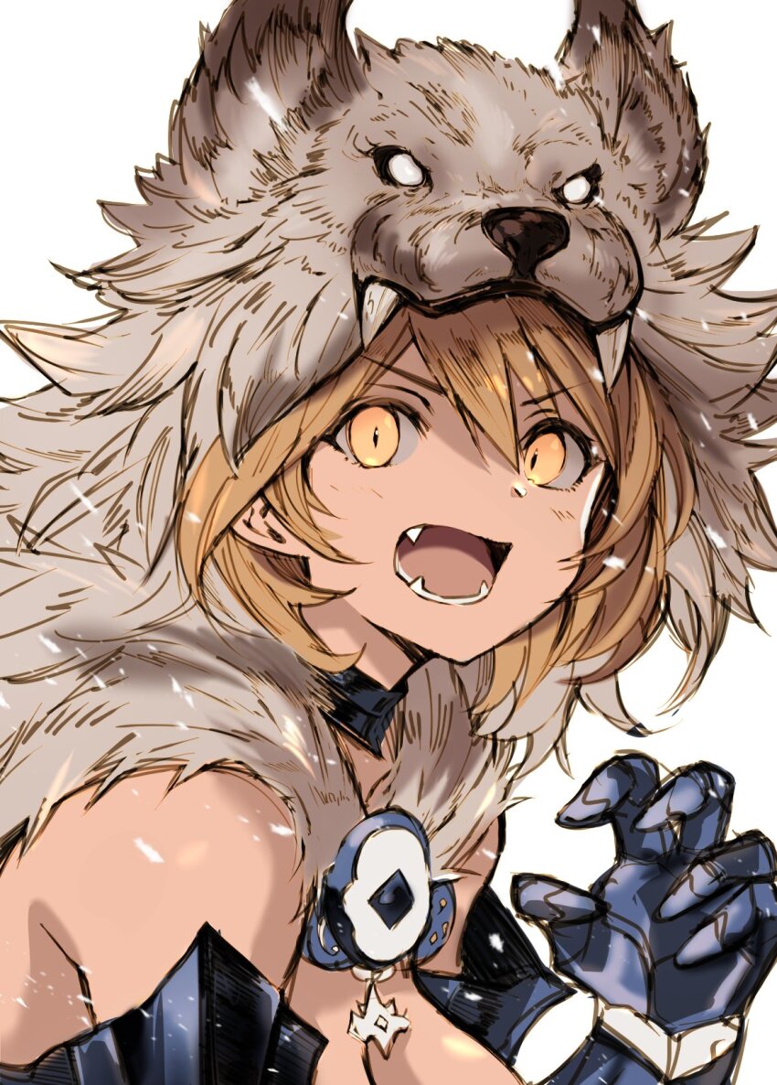 1girl, animal_costume, animal_hood, berserker_(granblue_fantasy), blonde_hair, cape, djeeta_(granblue_fantasy), fangs