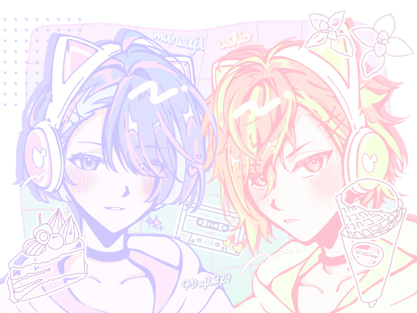 18trip, 2boys, absurdres, animal_ear_headphones, animal_ears, blue_background, blush, cake