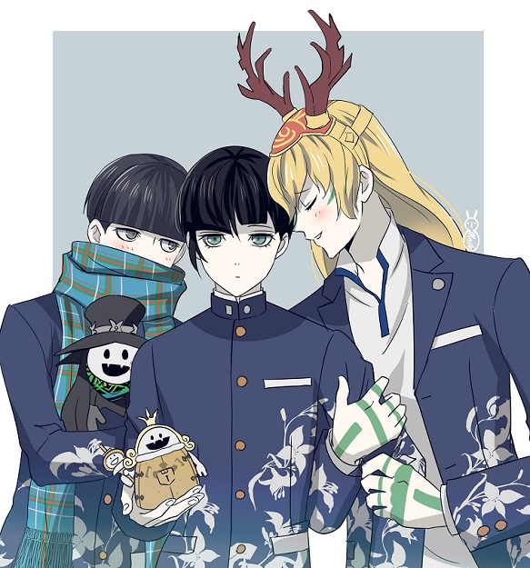 3boys, antlers, asymmetrical_hair, black_hair, blonde_hair, blush, bowl_cut, buttons