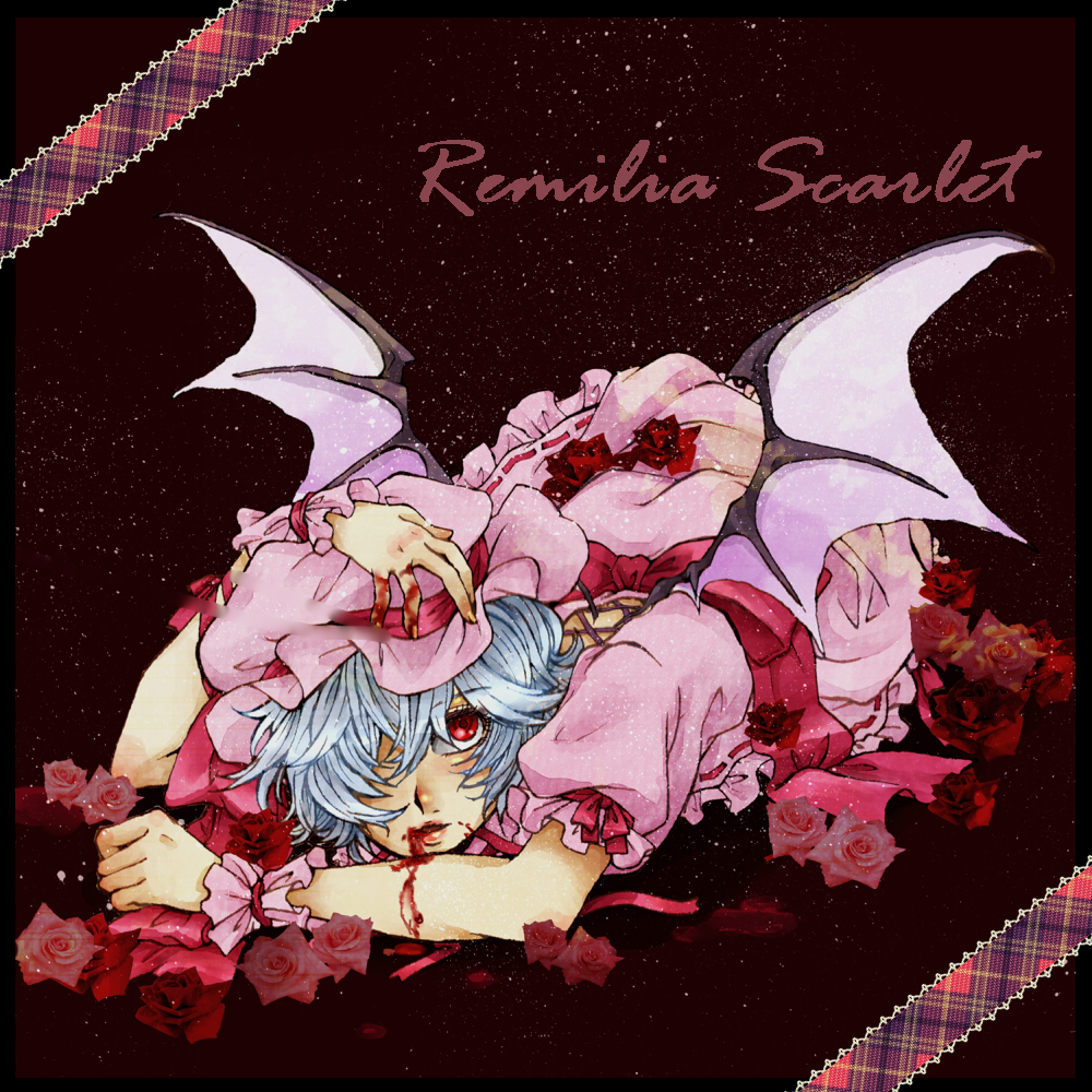 1girl, bat_wings, blood, blue_hair, female_focus, flower, hat, izumo_sakuto