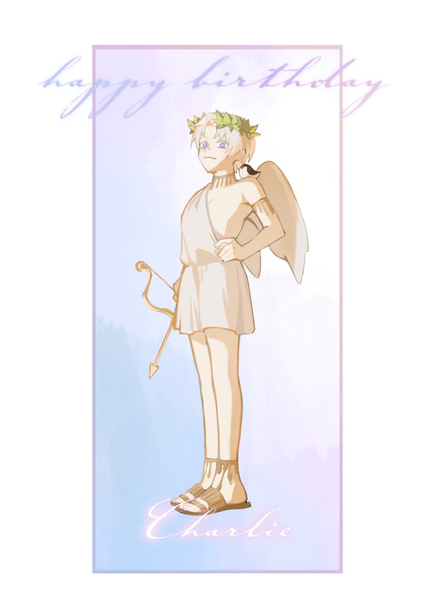 1boy, :3, aged_down, angel_wings, animal, animal_on_shoulder, armlet, arrow_(projectile)