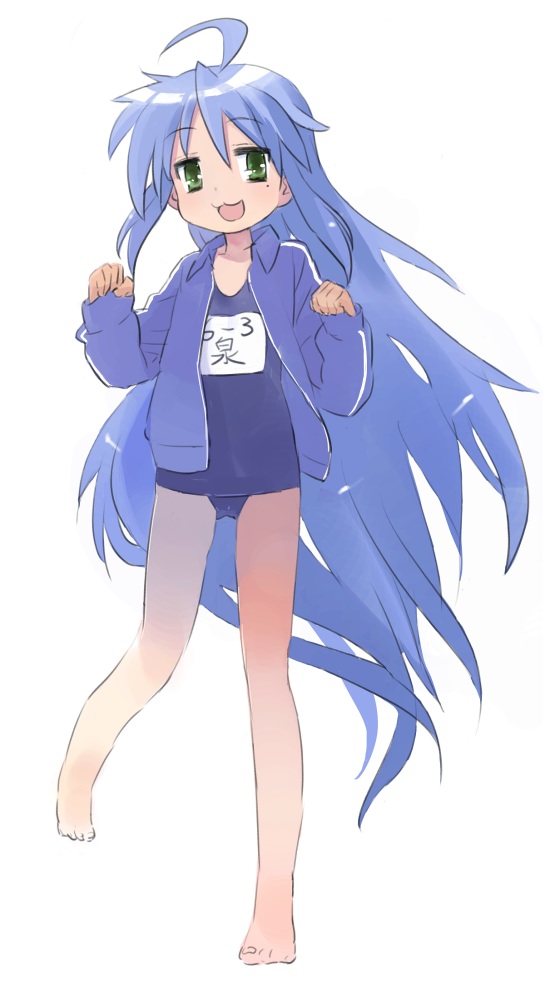 00s, 1girl, :3, ahoge, asasow, bad_id, bad_pixiv_id, barefoot, blue_hair, female_focus, flat_chest, full_body, green_eyes, izumi_konata, jacket, long_hair, lucky_star, mole, mole_under_eye, one-piece_swimsuit, open_mouth, school_swimsuit, simple_background, smile, solo, swimsuit, very_long_hair, white_background