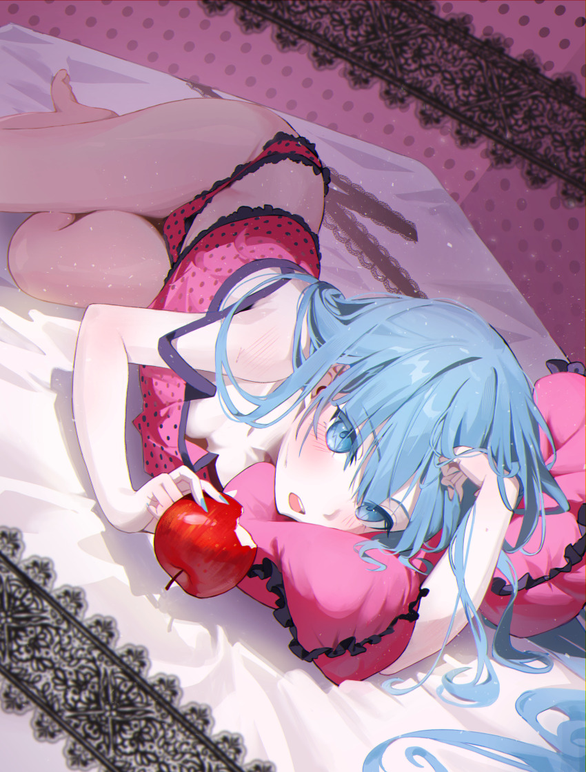 1girl, absurdres, apple, blue_eyes, blue_hair, blush, breasts, cleavage