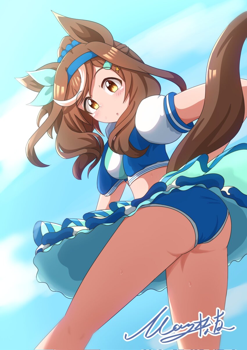 1girl, alternate_costume, animal_ears, ass, blush, breasts, brown_eyes, brown_hair, commentary_request, hair_ornament, headband, highres, horse_ears, horse_girl, looking_at_viewer, matikanetannhauser_(blue_turbulence)_(umamusume), matikanetannhauser_(umamusume), matty_(matsutomo), medium_breasts, medium_hair, midriff, open_mouth, signature, sky, solo, umamusume