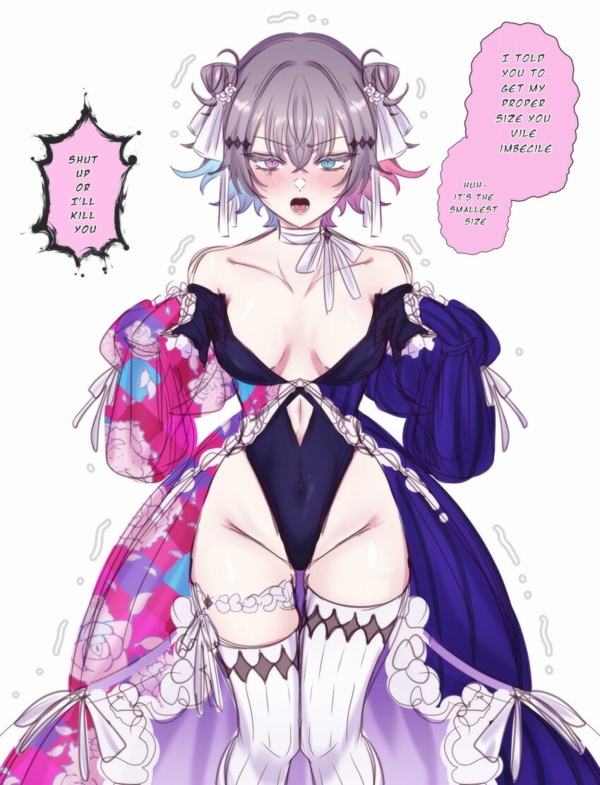 1girl, absurdres, bare_shoulders, black_gloves, blue_eyes, blush, breasts, cleavage, collarbone, colored_eyelashes, commentary, covered_navel, crow_(oraclejester), double_bun, embarrassed, english_commentary, english_text, eyelashes, eyeshadow, frilled_sleeves, frills, gavis_bettel, genderswap, genderswap_(mtf), gloves, hair_between_eyes, hair_bun, heterochromia, highres, holostars, holostars_english, looking_at_viewer, makeup, multicolored_hair, narrow_waist, open_mouth, pale_skin, pink_eyes, pink_eyeshadow, ringed_eyes, scarf, short_hair, shy, skindentation, small_breasts, solo, speech_bubble, standing, teardrop, thighhighs, thighs, tsundere, virtual_youtuber, white_background, white_scarf, white_thighhighs