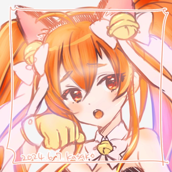 1girl, ahoge, animal_ears, armpit_crease, averting_eyes, bell, blush, breasts