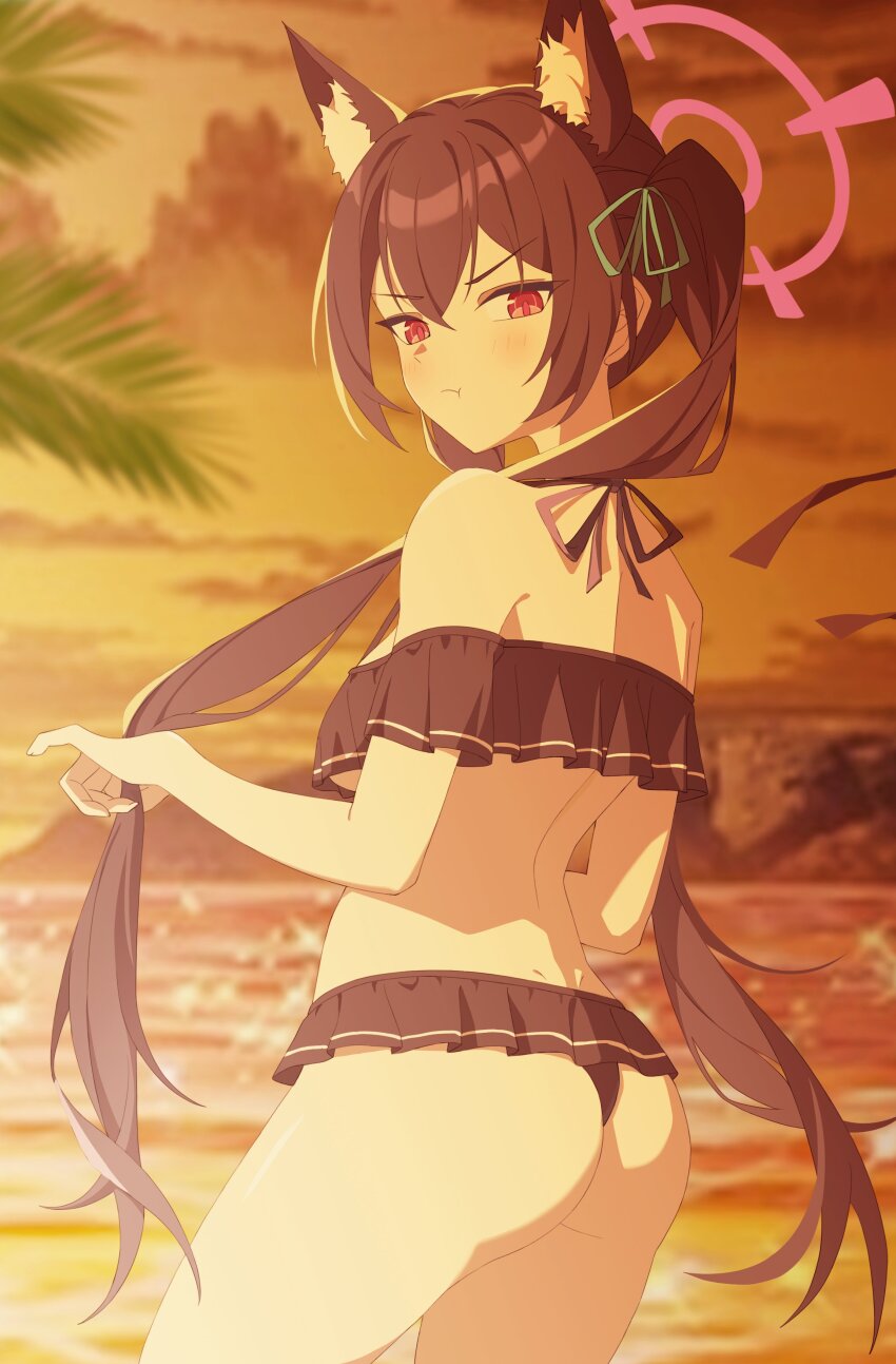 1girl, absurdres, animal_ear_fluff, animal_ears, ass, beach, bikini, bikini_skirt, black_bikini, blue_archive, breasts, cat_ears, cliff, dusk_ming, extra_ears, frilled_bikini, frills, from_behind, halo, hashtag-only_commentary, highres, ocean, official_alternate_costume, palm_leaf, palm_tree, pink_halo, sand, serika_(blue_archive), serika_(swimsuit)_(blue_archive), solo, sunset, swimsuit, tree, twintails, underboob