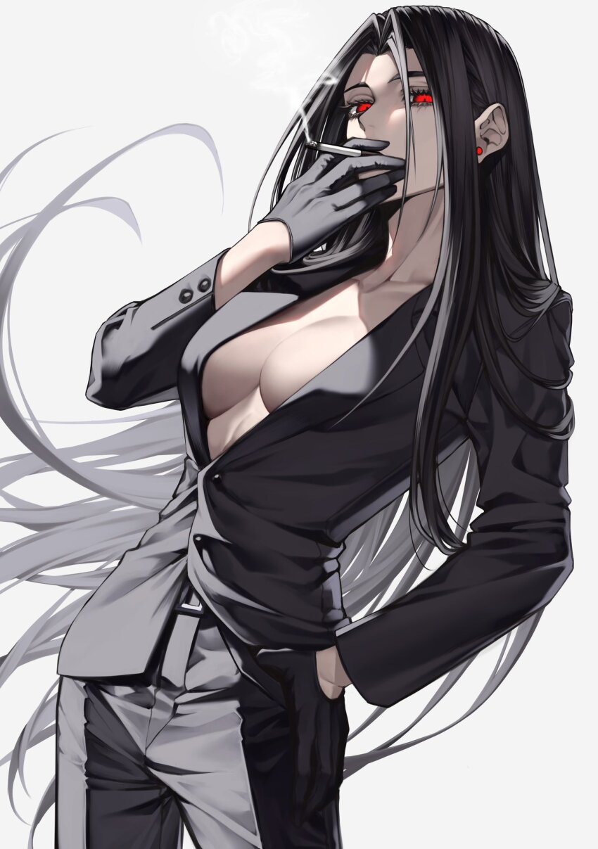 1girl, black_gloves, black_hair, black_jacket, black_pants, breasts, cigarette, cleavage, formal_clothes, forute_na, gloves, hand_on_own_hip, highres, holding, holding_cigarette, jacket, long_hair, looking_at_viewer, looking_down, no_bra, original, pants, red_eyes, smoke, smoking, solo, standing, suit, suit_jacket, very_long_hair