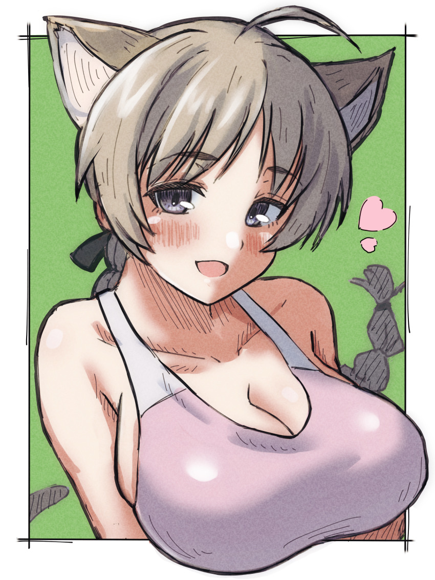 1girl, absurdres, ahoge, animal_ears, blush, braid, breasts, cat_ears