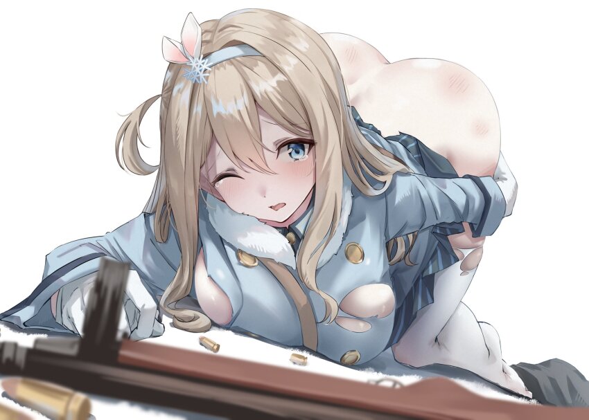 1girl, ass, blonde_hair, blue_eyes, blue_hairband, blue_jacket, blue_skirt, blush, breasts, bullet, girls'_frontline, gloves, gun, hair_between_eyes, hair_ornament, hairband, highres, jacket, large_breasts, long_hair, long_sleeves, one_eye_closed, open_mouth, shell_casing, skirt, solo, submachine_gun, suomi_(girls'_frontline), suomi_kp/-31, tears, thighhighs, top-down_bottom-up, torn_clothes, wano117_wa, weapon, white_gloves, white_thighhighs