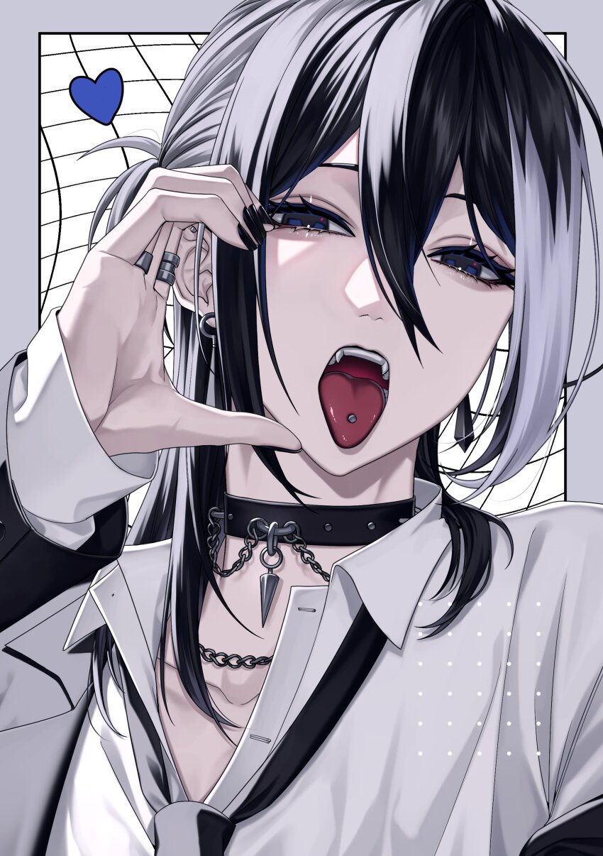 1boy, absurdres, androgynous, black_jacket, black_nails, blue_eyes, chain, choker