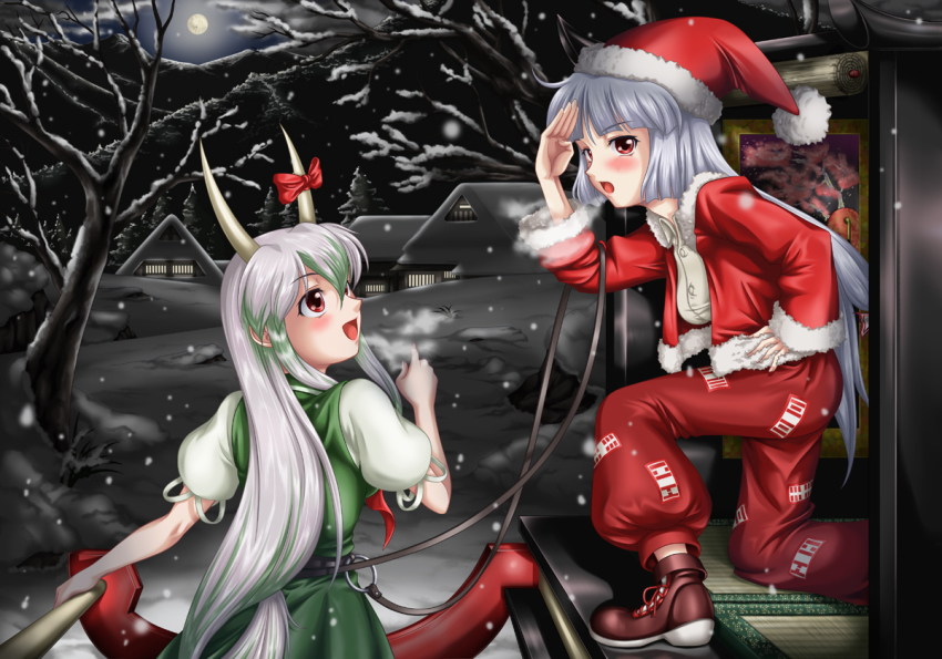 2girls, chimu, ex-keine, female_focus, fujiwara_no_mokou, hat, kamishirasawa_keine, multiple_girls