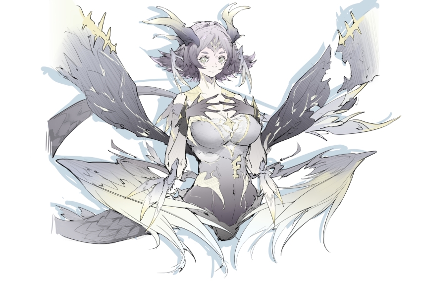 1girl, bare_shoulders, body_fur, breasts, cdlo, collarbone, cropped_torso, feathers, forehead, gradient_horns, gradient_sky, gradient_wings, grey_hair, grey_wings, hands_on_own_chest, horns, humanization, large_breasts, linea_alba, looking_at_viewer, monster_girl, mourning_aix_(wuthering_waves), multicolored_horns, multicolored_wings, multiple_wings, parted_bangs, scales, shadow, short_eyebrows, short_hair, sideways_glance, simple_background, sky, solo, tail, torn_wings, white_background, wings, wuthering_waves, yellow_eyes, yellow_wings