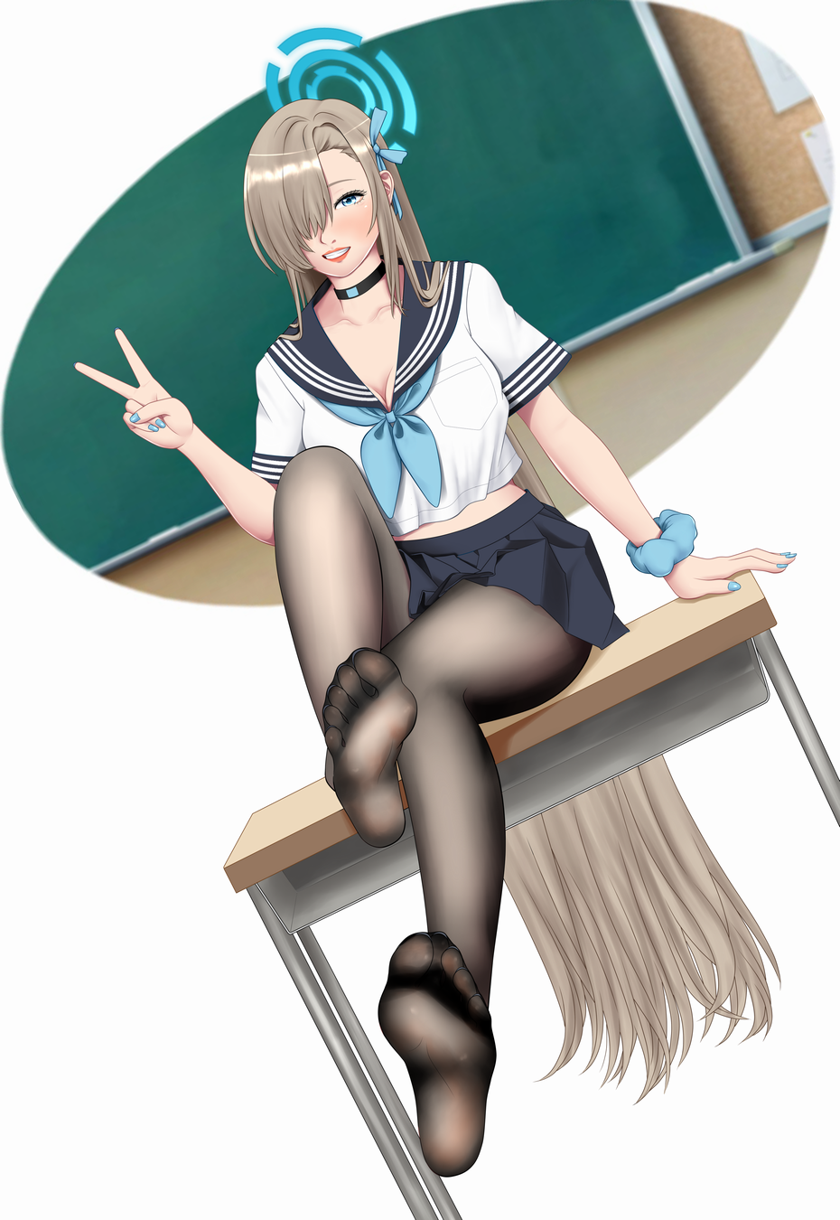 1girl, asuna_(blue_archive), blue_archive, blue_eyes, chalkboard, classroom, feet, grin