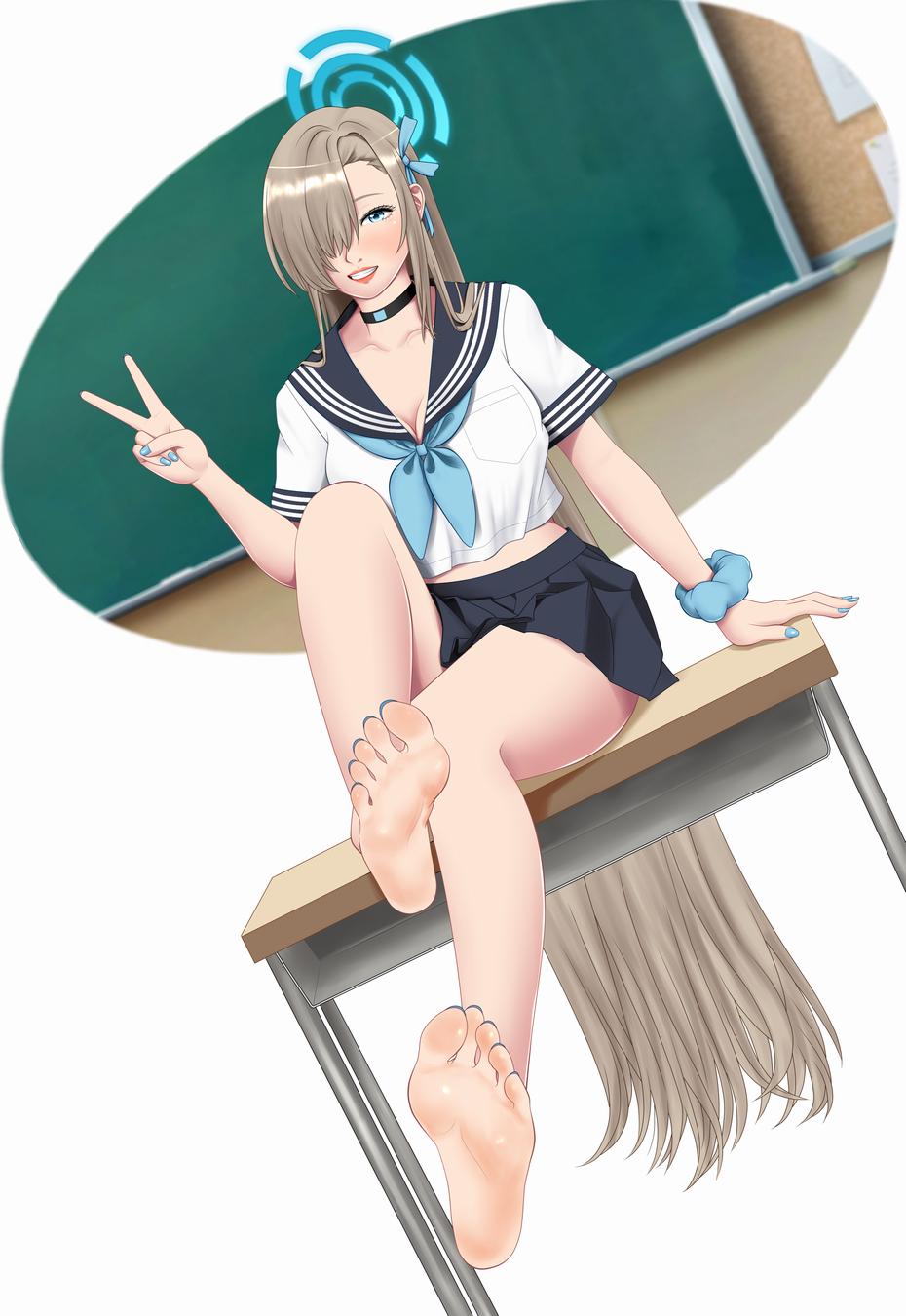 1girl, asuna_(blue_archive), barefoot, blue_archive, blue_eyes, breasts, chalkboard, classroom, feet, grin, hair_over_one_eye, highres, light_blush, long_hair, looking_at_viewer, no_socks, poo_(artist), school_uniform, serafuku, small_breasts, smile, soles, toes, v, very_long_hair