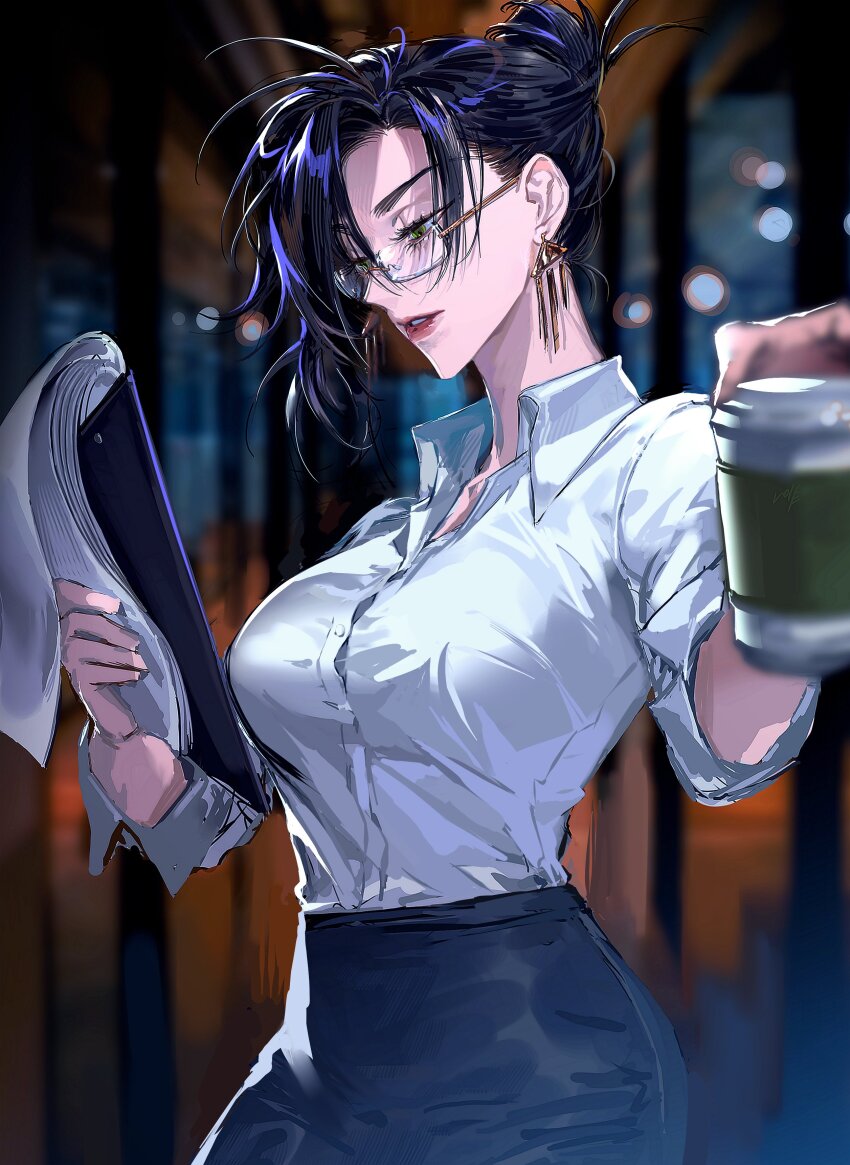 1girl, absurdres, asymmetrical_hair, black_hair, black_skirt, blurry, collared_shirt, cup
