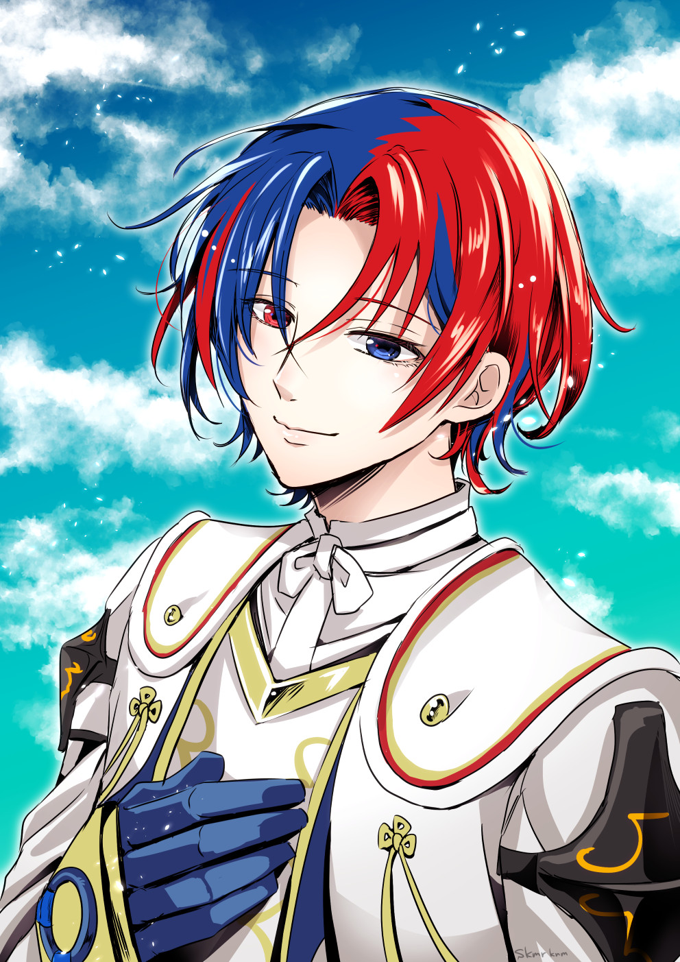 1boy, male_alear_(fire_emblem), blue_eyes, blue_gloves, blue_hair, closed_mouth, crossed_bangs, fire_emblem