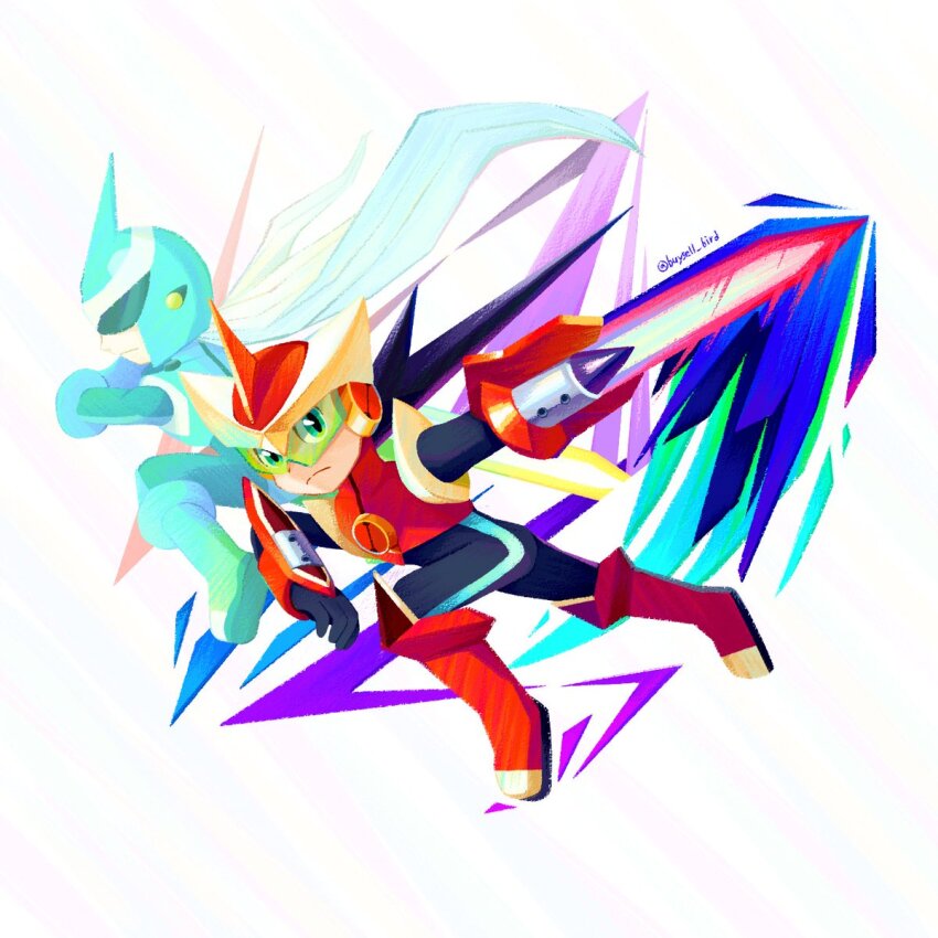 2boys, arm_blade, armor, assault_visor, bass.exe_(mega_man), bass.exe_(mega_man)_(cosplay), buysell_bird, cosplay, energy_sword, full_body, helmet, highres, long_hair, male_focus, mega_man_(series), mega_man_battle_network_(series), megaman.exe, multiple_boys, red_armor, red_helmet, simple_background, spiked_hair, sword, twitter_username, weapon, white_background